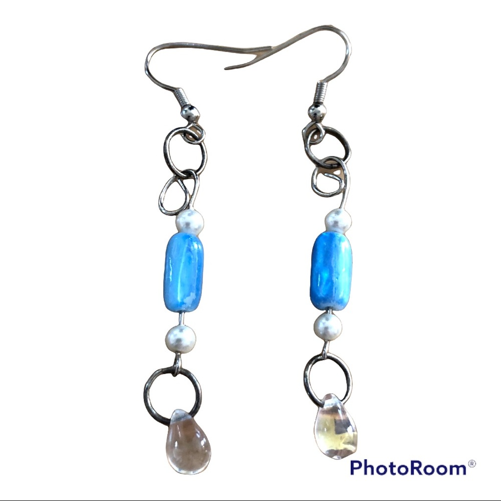 Coastal Grandma Artisan‎ Faux Pearl Blue Bead Prism Dangle Earrings